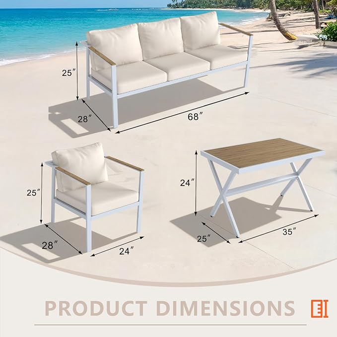 Aluminum Patio Sectional Furniture Set,4 piece Patio Conversation Sets Outdoor Patio Furniture Set Sofa with Coffee Table & Washable Cushions White
