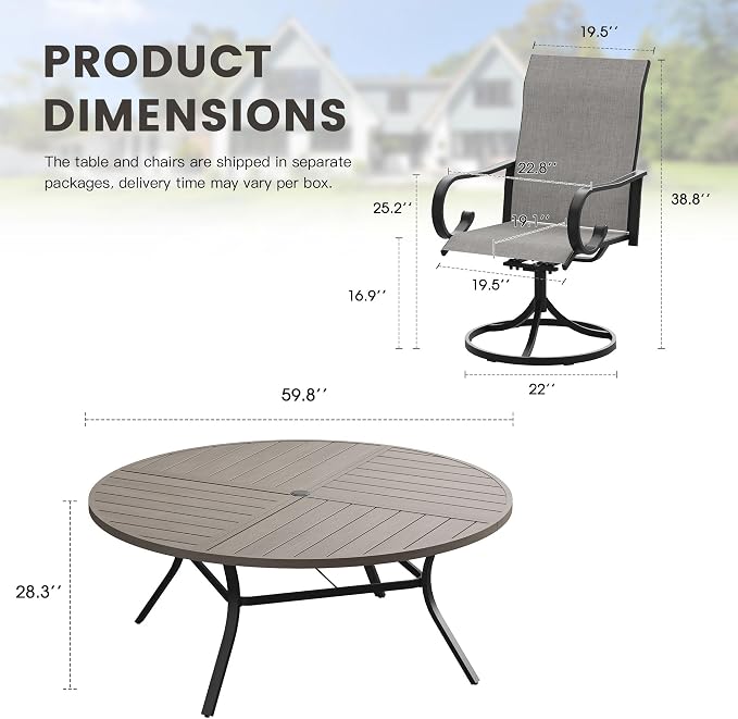 9 Pieces Patio Dining Set, 8 Outdoor Swivel Dining Chairs with 60.1" Round Metal Outdoor Dining Table with Umbrella Hole for Garden Backyard Deck, Grey