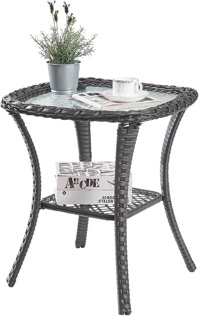 Patio Side Table Glass Wicker Table Outdoor PE Rattan Side Table with Storage Shelf Square Sidetable for Patio Garden Poolside Deck Balcony Porch Yard, Grey