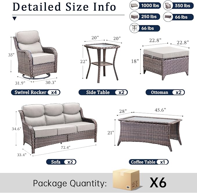 Luxury 6" Thick Cushion 11 Pieces Wicker Patio Furniture Set with High Back Swivel Rocker Chairs of 4, Outdoor Conversation Set with Patio Couch for Deck Porch Yard and Poolside