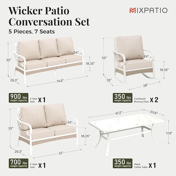 MIXPATIO 5 Piece Patio Furniture Set, 2 x Rocking Chair, 1 x 2-Seat Sofa, 1 x 3-Seat Sofa with Marbling Coffee Table, All Cushioned 7 Seats Outdoor Conversation Set, Beige
