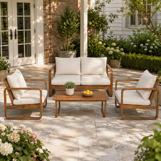 Christopher Knight Home Myra Acacia Wood 4 Piece Outdoor Patio Furniture Set, Wooden Patio Conversation Set with Loveseat Club Chairs & Coffee Table, 4-Seater Patio Sofa Chair and Table Set,Teak+Beige