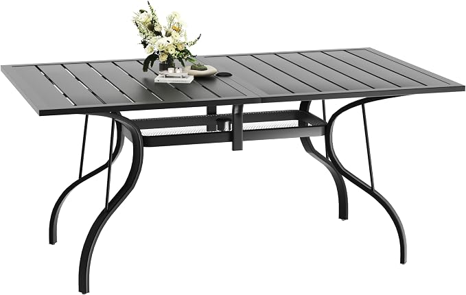 HOMREST 63"x38" Black Patio Outdoor Dining Table Metal Steel Slat Rectangular Bistro Table for Porch Deck Garden Backyard Poolside, 1.6" Umbrella Hole