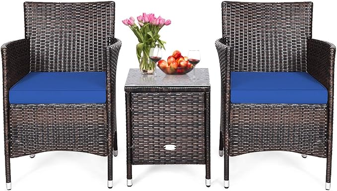 HAPPYGRILL 3 Piece Patio Furniture Set Outdoor Rattan Wicker Conversation Set with Coffee Table Chairs & Thick Cushions Bistro Sets for Patio Garden Lawn Backyard Pool