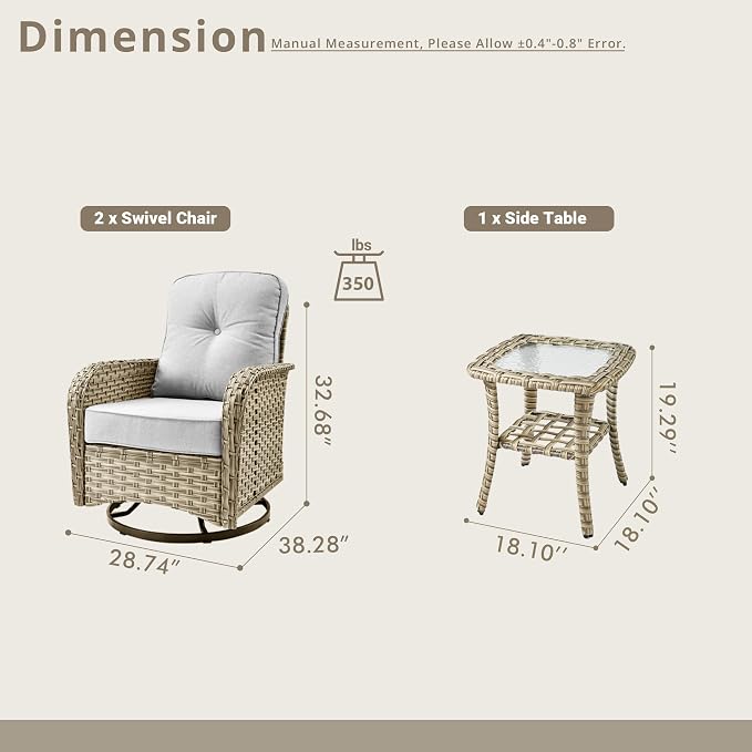 Swivel Patio Chairs Set of 2, Outdoor Wicker Rocker Glider Chair with Coffee Table, Modern Comfy Patio Furniture Sets for Porch Balcony Sunroom, Gray