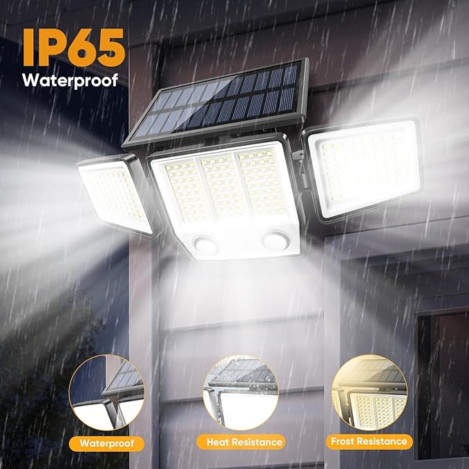 MDCMDCM Solar Motion Sensor Outdoor Lights Waterproof - 3000LM 3 Modes Security Lights Outdoor 270° Illumination IP65 LED Solar Flood Wall Light for Garden Yard Patio Pathway
