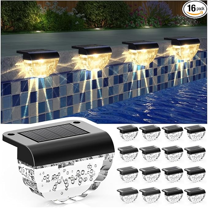 Melunar 16 Pack Solar Deck Lights Outdoor, Solar Step Lights Waterproof for Outside, Yard, Patio, Garden, Pool, Railing, Stairs, Fence (Warm White)