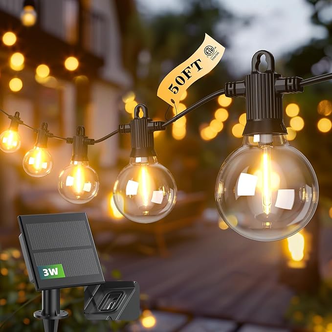 Kawaya G40 Outdoor String Lights Solar 50FT IP65 2700K LED Patio Light | IP65 Shatterproof Hanging Edison Blubs,2700K Warm White for Garden Porch Fence Camping Party Backyard Deck Bistro Balcony