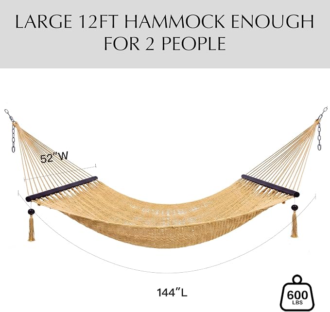 PNAEUT 2 Person Caribbean Rope Hammocks for Outside, 12ft Handwoven Polyester Double Hammock with Spreader Bar for Outdoor Indoor, Max 600 lbs Capacity (Tan)