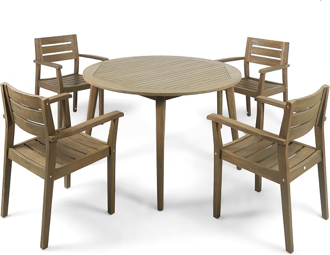 Christopher Knight Home Pag Outdoor 5 Piece Acacia Wood Dining Set with Round Table, Gray Finish