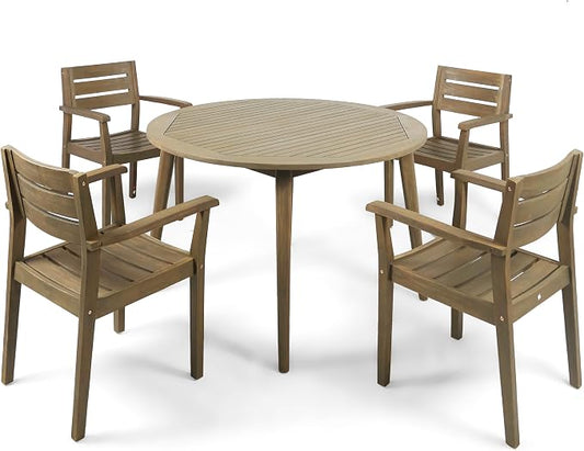 Christopher Knight Home Pag Outdoor 5 Piece Acacia Wood Dining Set with Round Table, Gray Finish