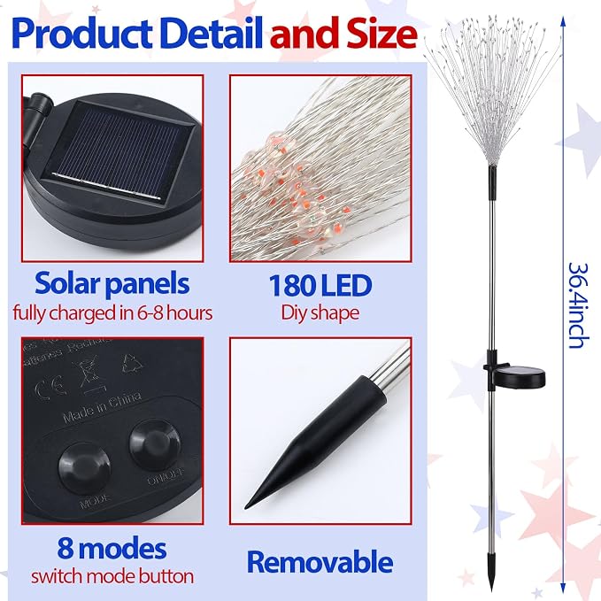 Tujoe 12 Pcs 4th of July Solar Firework Stake Lights 180 LED 8 Modes Solar Waterproof LED Sparkler Lights Outdoor Patriotic Decoration for Memorial Independence Day Garden Patio Yard (Red White Blue)
