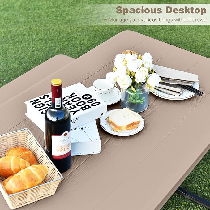 Tangkula Picnic Table Bench Set, Outdoor Picnic Table with 2 Benches, Metal Camping Table with Plastic Wood-Like Texture Tabletop & Steel Frame, Ideal for Picnic, Party, Garden, Lawn (Brown)