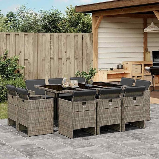 11 Piece Patio Dining Set with Cushions Gray Poly Rattan Outdoor Table and 10 Chairs for Garden Backyard Deck, Folding Chairs, Tempered Glass Top, UV-Proof, Max Load 242.5 lb Per Seat