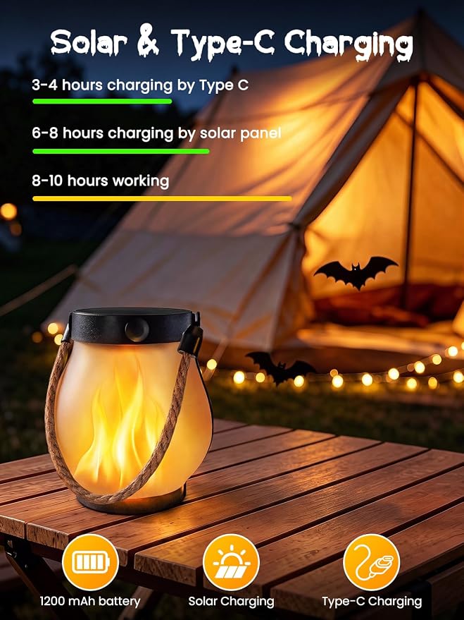 4 Pack Solar Flame Lanterns Outdoor Waterproof | USB & Solar Powered, Waterproof, 2 Modes, Auto On/Off, Garden Fall Porches Table Decor