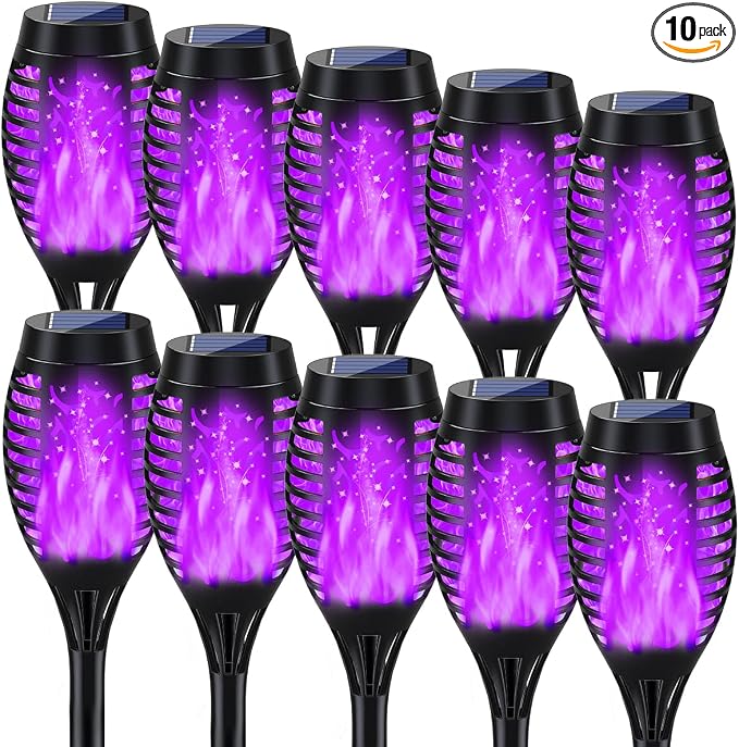 10Pack Purple Halloween Solar Lights for Outdoor Halloween Decorations | Scary Halloween Lights Outdoor with Flickering Flame, Waterproof Solar Halloween Lights, Halloween Outside Decor for Yard