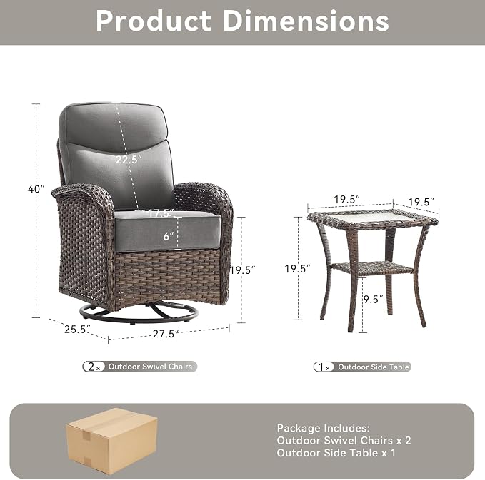 Luxury Wicker Patio Furniture Set with 6-Inch Thick Cushions, 3 Pieces Outdoor Swivel Rocker Patio Chairs Set of 2 with Rattan Side Table, Outdoor Patio Conversation Sets for Garden Deck, Gray