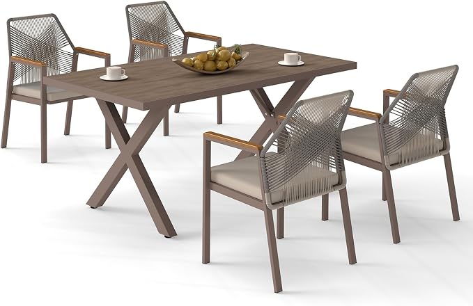 5 Pieces Aluminum Outdoor Dinning Set Featuring 1 Table and 4 Ratten Chairs Waterproof and Rust-Proof Courtyard Style Table Garden Balcony Poolside, Light Brown 5Pcs