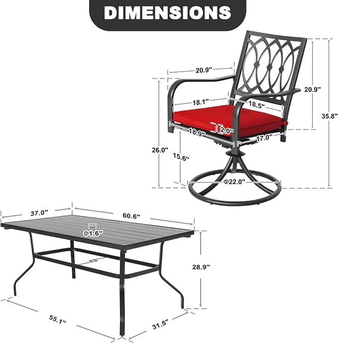 NUU GARDEN Outdoor 7 Piece Patio Dining Set, 6 Swivel Chairs with Red Cushions and 61'' x 37'' Rectangle Table with Umbrella Hole, Outdoor Dining Furniture Set for Garden, Lawn, Balcony, Black