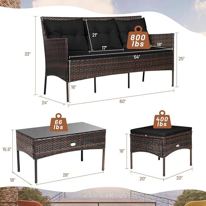 RELAX4LIFE 3 Pieces Patio Furniture Set, Rattan Wicker Sectional Conversation Sofa Set w/5 Seat & Back Cushions, Tempered Glass Coffee Table for Porch Balcony Backyard, Outdoor Furniture (Black)