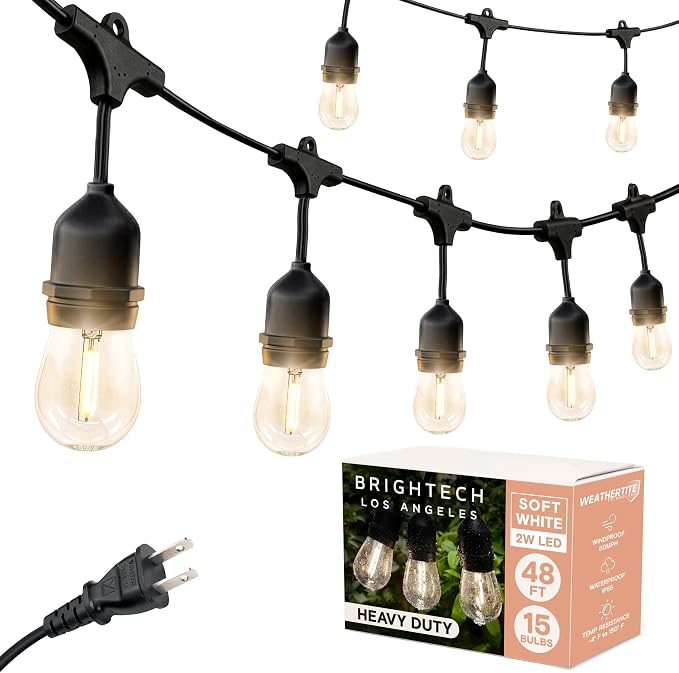 Brightech Ambience Pro LED String Lights, Commercial Grade 48 ft | Plug-in Outdoor String Lights, Waterproof Patio Lights, 15 Shatterproof LED Edison Bulbs for Backyard, 2W Soft White