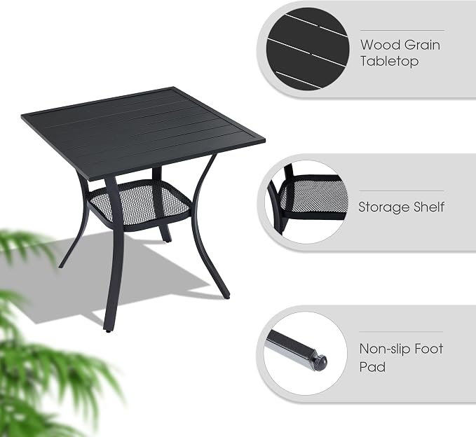 VICLLAX Outdoor Dining Set for 2, Small Patio Table and Chairs Set of Stackable Patio Sling Chairs and Square Dining Table for Front Porch, Brown Fabric and Black Table