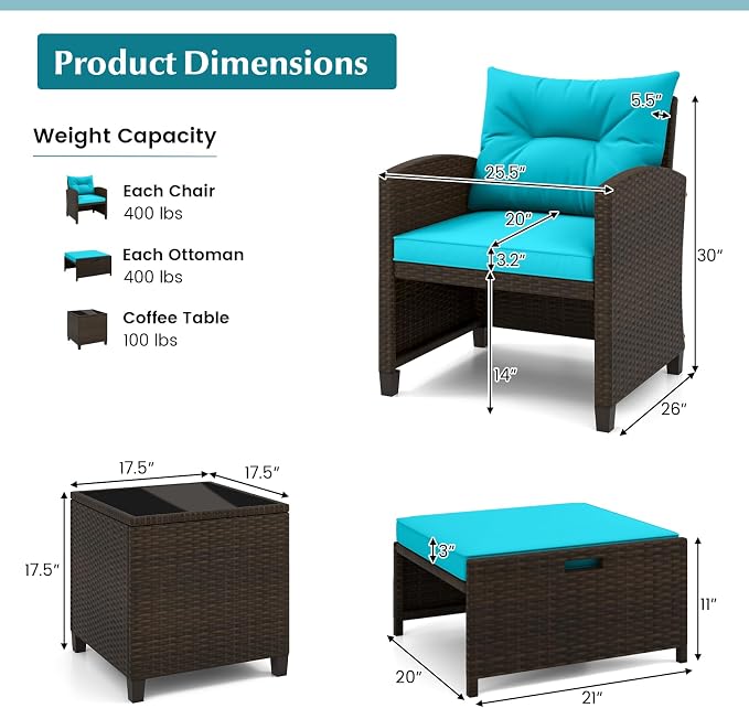 COSTWAY 5-Piece Rattan Conversation Set, Outdoor Wicker Sofa, Tempered Glass Coffee Table & Ottomans for Small Space, Boho Chic Indoor/Outdoor Furniture Set for Poolside, Backyard, Deck (Turquoise)