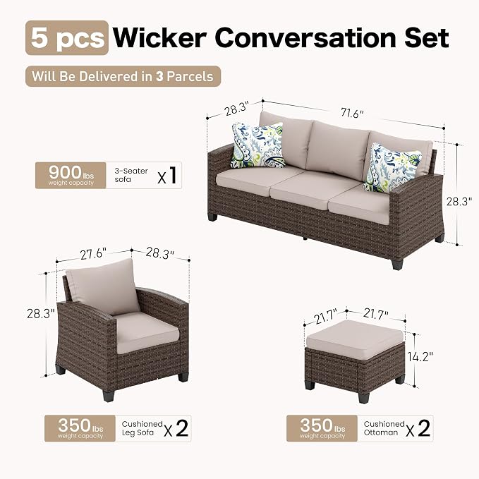 SUNSHINE VALLEY Patio Furniture Set Outdoor Furniture Brown Wicker Rattan Patio Conversation Sets with Cushion Outside Sofa Set,5 Pieces 7 Seats,Beige