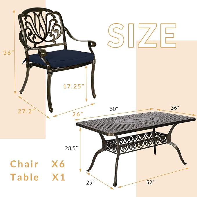 7-Piece Outdoor Patio Dining Set, 60” Rectangular Cast Aluminum Dining Table with Umbrella Hole and 6 Outdoor Dining Cushioned Chairs, Patio Funiture Set for Backyard, Patio, Garden, Navy