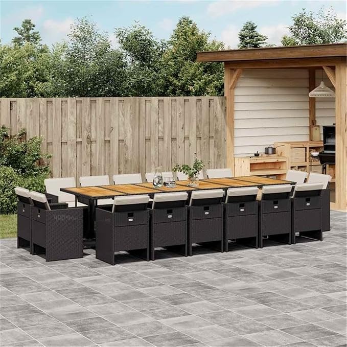 Afuera Living 17 Piece Outdoor Steel Patio Dining Set, Black Finish, Powder-Coated Steel Frame, Weather-Resistant Cushions, Foldable Chairs, Seating for 16, Contemporary Garden or Backyard Dining