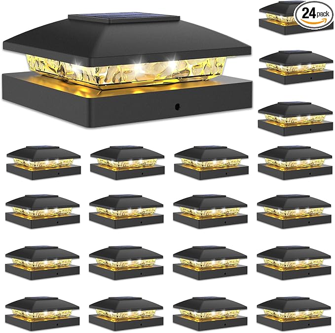 VOLISUN 24 Pack Black Solar Post Cap Lights Fit 4x4 Fence Deck Post | Waterproof outdoor lighting, warm white glow, fits wooden & vinyl 4x4 posts, solar powered for yard patio fence deck