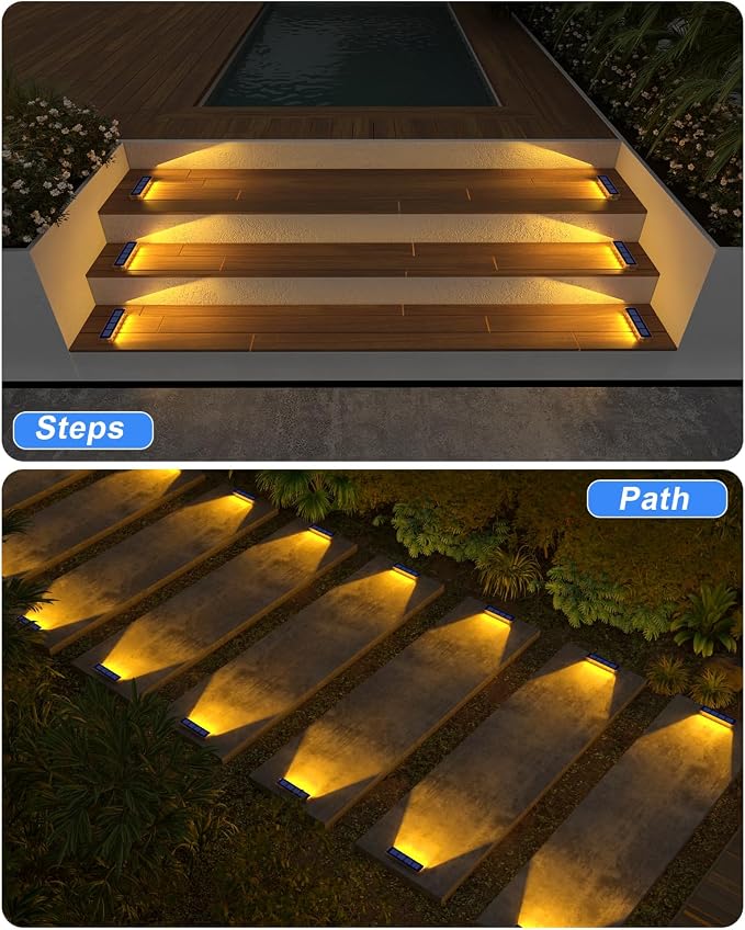 DetarZinLED Solar Step Lights for Outside, 2 Pack Solar Stair Lights, Warm White Outdoor Deck Light Waterproof, Outdoor Light Solar Powered for Deck, Dock, Pathway, Porch, Path, Ground, Backyard
