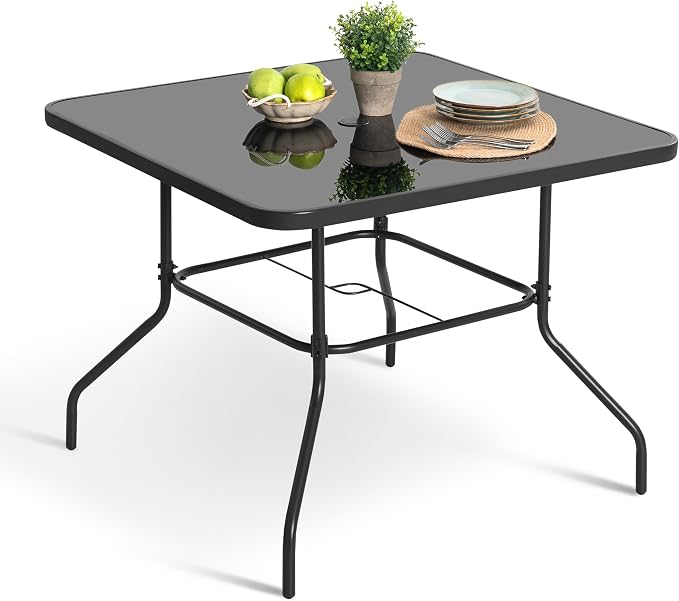 NUU GARDEN 31.5 Inch Square Patio Dining Table, Outdoor Table with Tempered Glass Top and Umbrella Hole, Patio Furniture for Balcony Backyard Poolside, Black