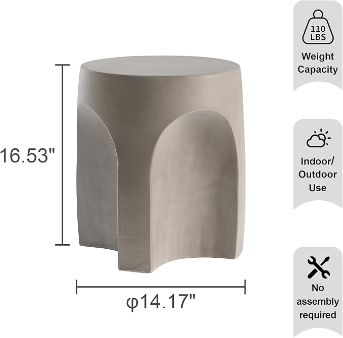 HOMPUS Outdoor Side Table w Arch Shape, Unique Concrete End Table, Round Patio Accent Table MgO Lightweight, Modern Vintage Garden Plant Stand for Indoor Use, Grey