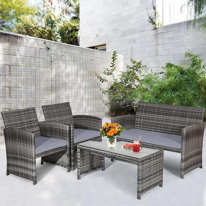 Outdoor Conversation Set, 4 Pieces Wicker Patio Furniture Set with Ergonomic Curved Design, Patio Chair Set with Water-Resistant Cushion & Tempered Glass Table for Balcony, Porch(Gray)