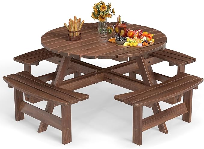 HAPPYGRILL 8-Person Wood Picnic Table Bench Set, Round Camping Table w/Umbrella Hole, Circular Outdoor Table w/4 Built-in Curved Benches, for Patio, Garden, Backyard, Porch (Brown)