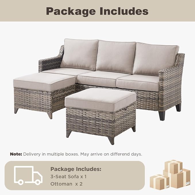 Belord Luxury Outdoor High Back Couch with Ottoman, All-Weather Wicker 3-Seater Sofa, 3 Piece Patio Conversation Furniture Set,Beige