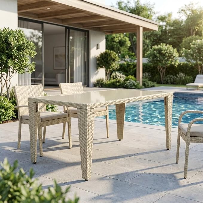 Beige Outdoor Wicker Dining Table Rectangle Pe Wicker with Glass Top, 36X60 Inch, Weather-Resistant, Stylish for Patio and Garden Use