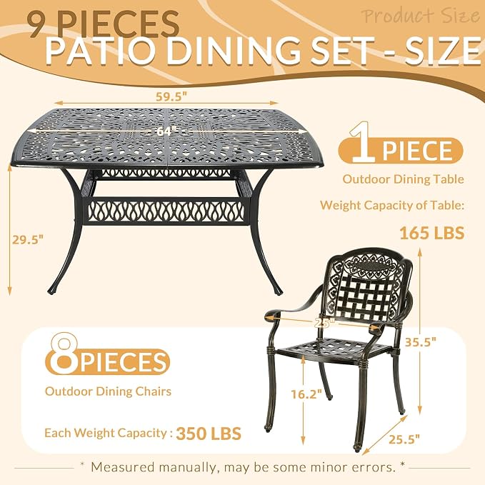 9 Piece Outdoor Patio Dining Set for 8, Cast Aluminium Large Square Dining Table & 8 Stackable Chairs, Umbrella Hole, Patio Furniture Set for Garden Porch Poolside, Dark Bronze