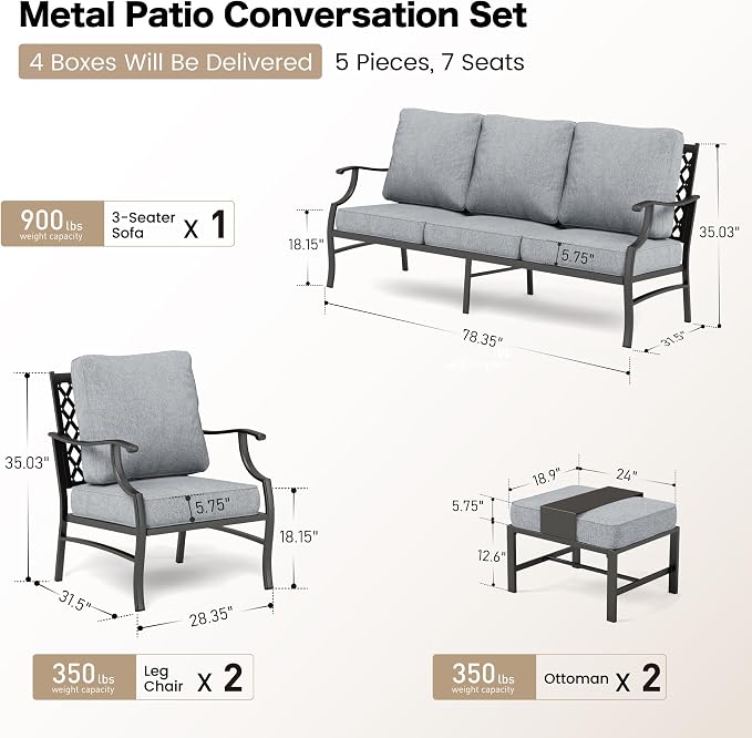 SUNSHINE VALLEY 5 Piece Metal Outdoor Patio Furniture Set, Patio Conversation Sets 1 3-seater Sofa, 2 Fixed Chair, 2 Ottomans with 5.75" Thick Cushion, Black All-weather Frame Backyard Furniture, Gray