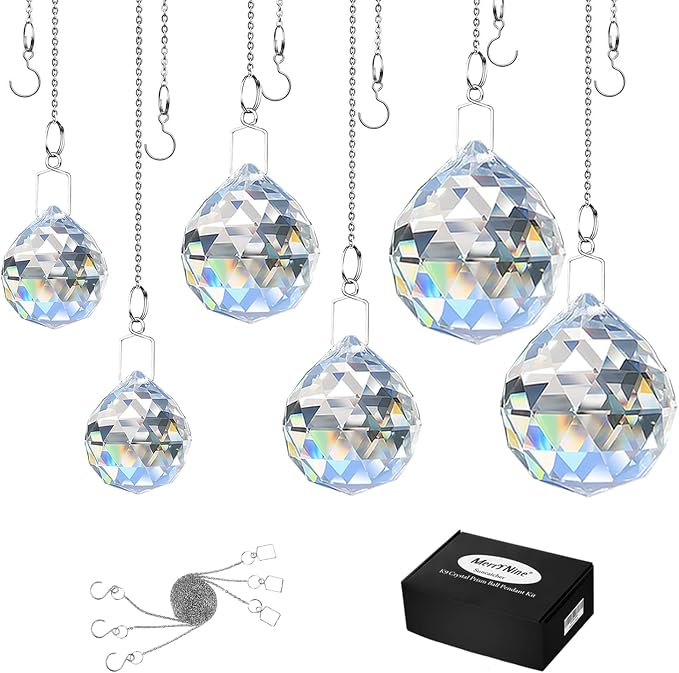 MerryNine Clear Crystal Sun Catcher Suncatcher Prism Ball with Metal Chains | 6 Pack, 1.2"/30mm, 1.6"/40mm, 2"/50mm, Rainbow Pendant Maker, for Feng Shui, Home Room Decor, Indoor Windows, for Gift, DIY