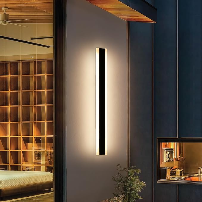 Outside Modern Wall Light, 47inch Outdoor LED Wall Lights, Minimalist Long Strip Wall Sconces, 3000K Warm White, IP65 Waterproof, Black Porch Lighting for Garden, Garage, House, Yard