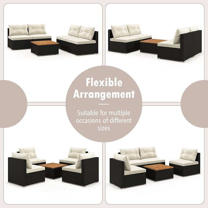 Tangkula 5 Pieces Wicker Patio Furniture Set, Outdoor 4 Armless Rattan Sofa & Coffee Table Set, with Cushions, Acacia Wood Tabletop, Sectional Patio Conversation Set for Lawn, Yard, Poolside