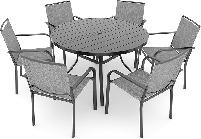 Anmutig 7 Piece Patio Dining Set 48 Inch Round Table Stackable Chairs Grey | Powder-Coated Steel Frame, Quick-Dry Textilene Mesh, Dual-Size Umbrella Hole, Weather Resistant, Patio, Garden, Backyard