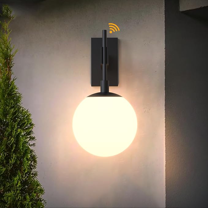 Hyunbae 18.1" Dusk to Dawn Outdoor Wall Sconce, Black Modern Exterior Light | White Globe Glass Shade, E26 Front Porch Light, Photocell Sensor, Garage Patio Entryway Use, IP65 Wall Mount Waterproof