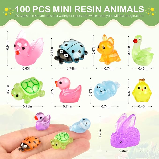 FEXIA 100PCS Glow in The Dark Mini Resin Animals 20 Cute Styles Tiny Figurines Colorful Ducks, Frogs, Turtles, Fishfor Fairy Garden, Dollhouse, Aquarium, DIY Crafts, Micro Landscape Party Decoration