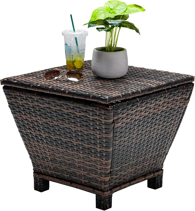 Outdoor Wicker Side Table with Storage, All-Weather Rattan Side Table, 13-Gallon Capacity, Water-Resistant Wicker Patio Table, for Outdoor Patio, Porch, Garden, Brown