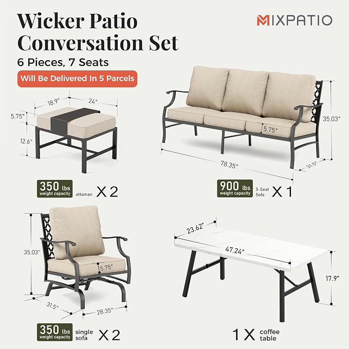 MIXPATIO Patio Furniture Set 6 pcs, Outdoor Patio Furniture, 3-Seat Sofa, 2 Rocking Chairs, 2 Ottomans, Coffee Table and 5.75" Extra Thick Cushion, Patio Conversation Set for Backyard Deck,Beige