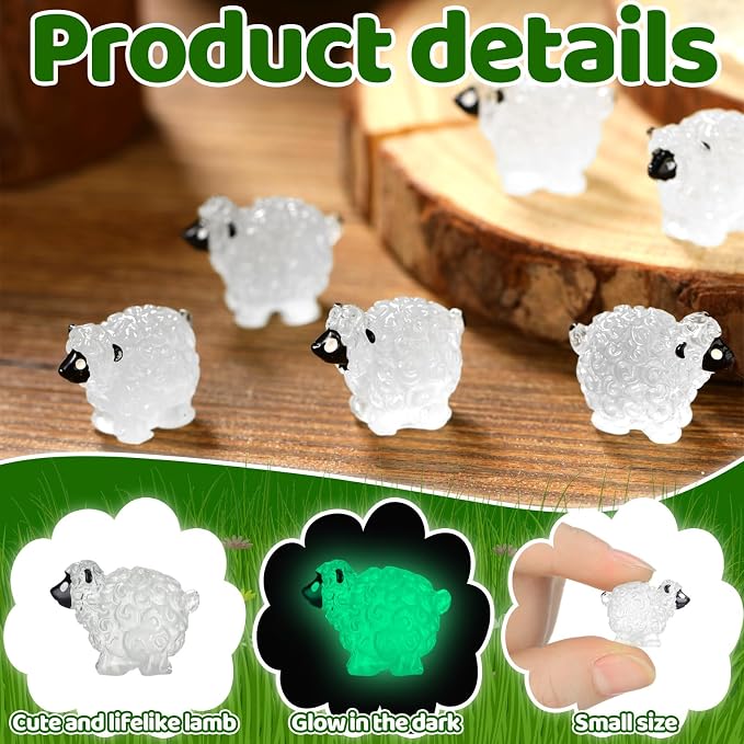 Suzile 50 Pcs Mini Sheep Figurine Miniature Resin Sheep Figurine White Lamb Figure Cute Animal Statue Landscape Little Decor for Spring Summer Outdoor Garden DIY Ornament Cake Topper(Luminous Style)