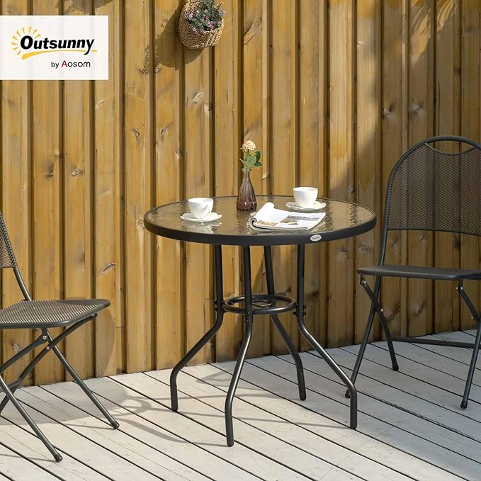 Outsunny 31.5" Round Outdoor Dining Table with Umbrella Hole, Patio Coffee End Side Bistro Table with Tempered Glass Top, Steel Frame for Backyard, Garden, Black